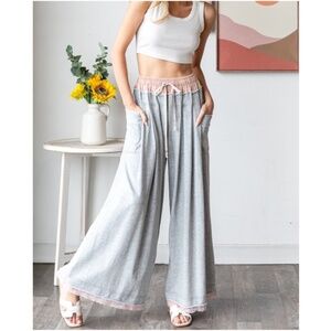 Oli & Hali Gray Wide Leg Lounge Pants with Pink Trim